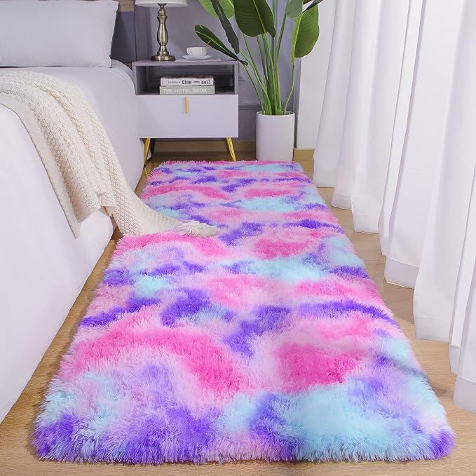 AROGAN Soft Rainbow Area Rugs for Girls Room 2x4 Feet, Fluffy Girls Bedroom Rugs, Princess Rug, Cute Colorful Carpet for Kids Teens Nursery Toddler (Hot Pink)