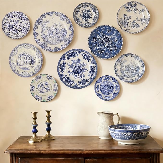 10 Pcs Coastal Vintage Ceramic Wall Plates Set, Blue and White Decoration Hanging Plates with Botanical Patterns, Holland Vintage Gifts for Wall, Home Office Art Ornament(Retro)