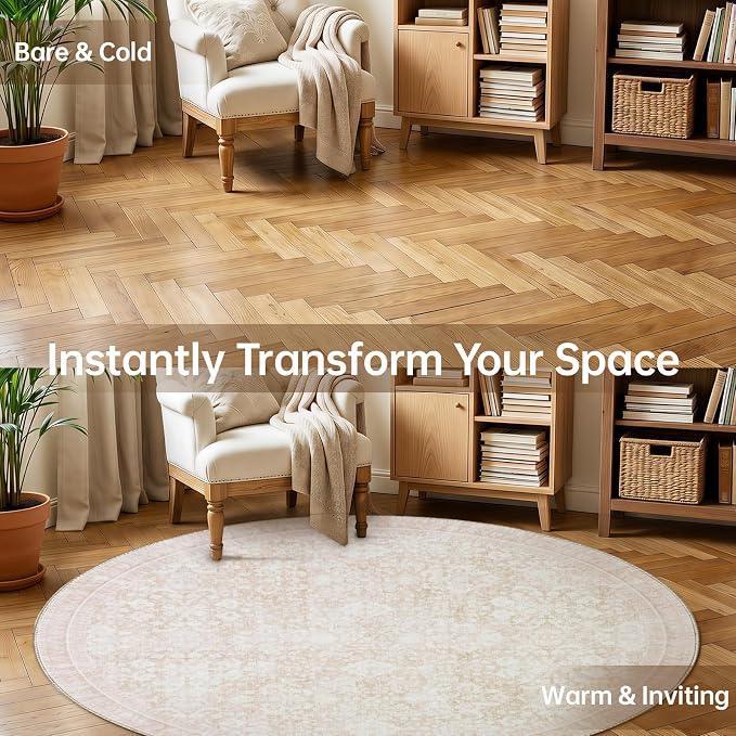 Sasttie Round Rugs 6ft, Ultra-Soft Washable Circle Rug, Low Pile Foldable Thin Carpets with Non-Slip Backing, Skin-Friendly Stain Resistant Carpet for Living Room, Bedroom, Kitchen, Dorm, 6ft, Cream