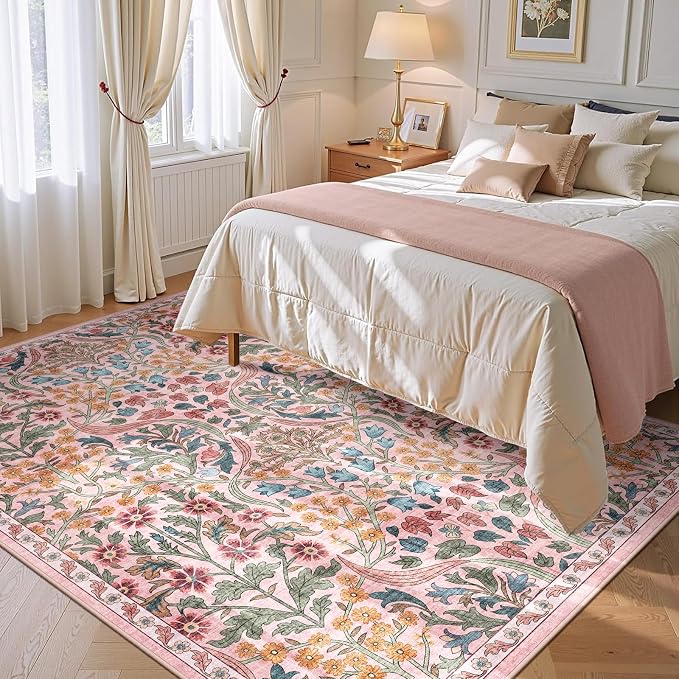 5x7 Washable Area Rug for Living Room, Floral Non-Slip Non-Shedding & Easy Care, Soft Low Pile Forest Boho Indoor Floor Carpet for Living Room, Bedroom, Farmhouse, Dining Room, Kids Playroom, Pink