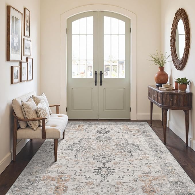 GENIMO 3x4 Area Rugs for Living Room, Machine Washable Rug, Non Slip Indoor Vintage Rug, Low Pile Lightweight Print Carpet for Bedroom Dining Room Home Office, Light Taupe Brown