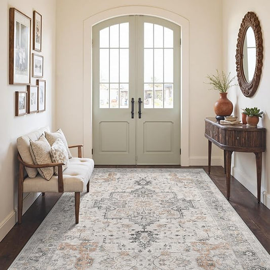 GENIMO 3x4 Area Rugs for Living Room, Machine Washable Rug, Non Slip Indoor Vintage Rug, Low Pile Lightweight Chenille Print Carpet for Bedroom Dining Room Home Office, Light Taupe Brown