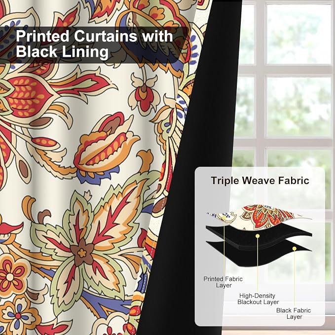 Boho Blackout Curtains for Bedroom and Living Room, Bohemian Floral Black Out Curtains 84 Inch Long, Light Filtering Soundproof Bedroom Curtains 2 Panel Sets, Room Darkening Curtains with Tiebacks