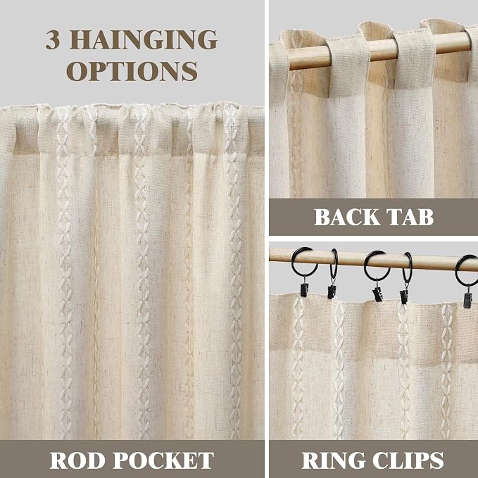 Boho Light Filtering Curtains 2 Panels 84 Inch for Living Room Bedroom, Beige Linen Texture Farmhouse Curtains with Tassels and Cotton Embroidery Vintage Rustic Western Rod Pocket