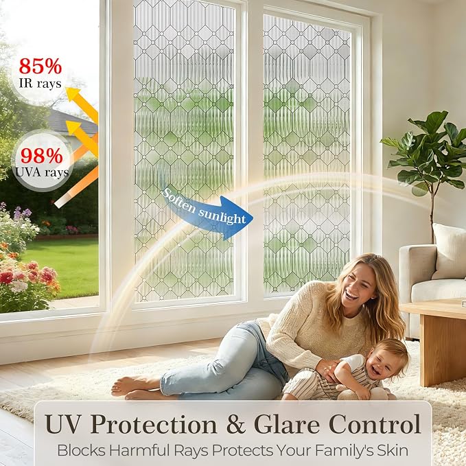 SUNBABY Reeded Glass Window Privacy Film, Frosted Glass Window Film for Bedroom & Front Door, Static Cling Decorative 3D Window Stickers Day and Night Privacy Sun Heat Blocking (17.5 x 78.7 Inch)