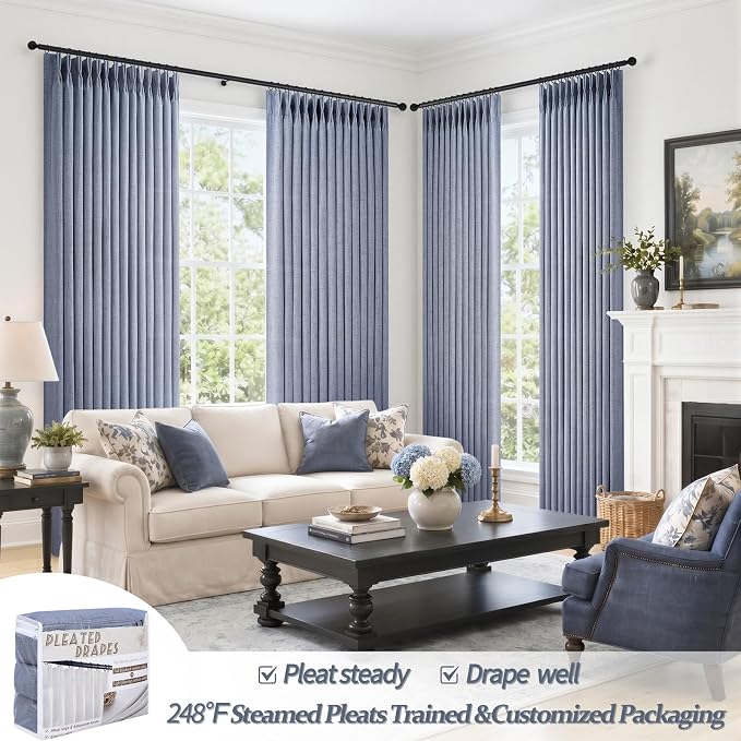 Linen Pinch Pleated Dusty Blue Sheer Curtains 96 Inches Long Living Room