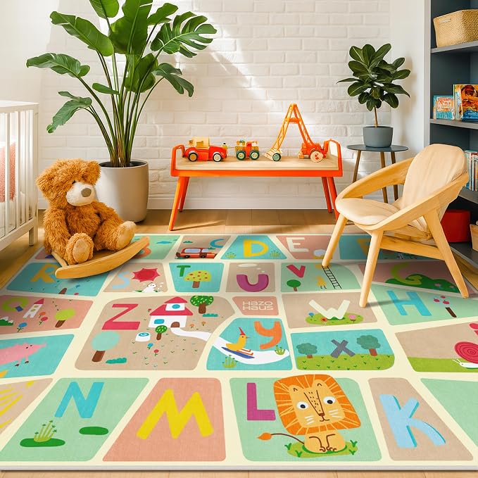 Large ABC Alphabet Classroom Rugs Elementary – 8x10 School Rug for Kids, Washable & Wipeable Floor Carpet, Soft & Non Skid Design with Educational Letters and Whimsical Cartoon Art Decor