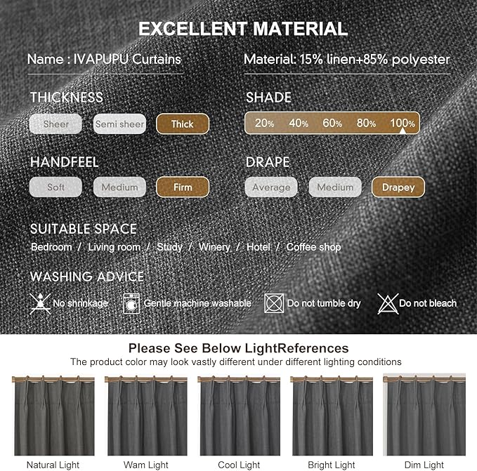 IVAPUPU Linen Pinch Pleated 100% Blackout Curtains for Bedroom - 2 Pages Black Out Grey Curtains 95 Inch Long 2 Panel for Living Room Darkening Thermal Window Curtain Drapes with 16pc Hooks