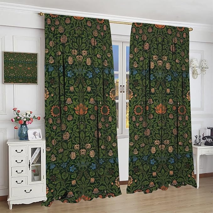 Bohemia Plant Flowers Pattern Blackout Window Curtains, William Morris Art Print Vintage Decor Curtains, for Living Room Bedroom 31.5(W)*72(L) 2 Panels