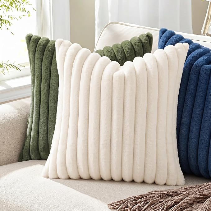Pallene Faux Fur Plush Throw Pillow Covers 16x16 Set of 2, Luxury Soft Fluffy Striped Decorative Pillow Covers for Sofa, Couch, Living Room, Navy Blue
