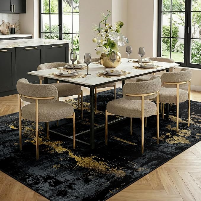 RELEANY Washable Area Rugs 6'x9' Non-Slip Modern Abstract Soft for Living Room Entryway Bedroom Kitchen, Print Pattern, Dark Black Gold