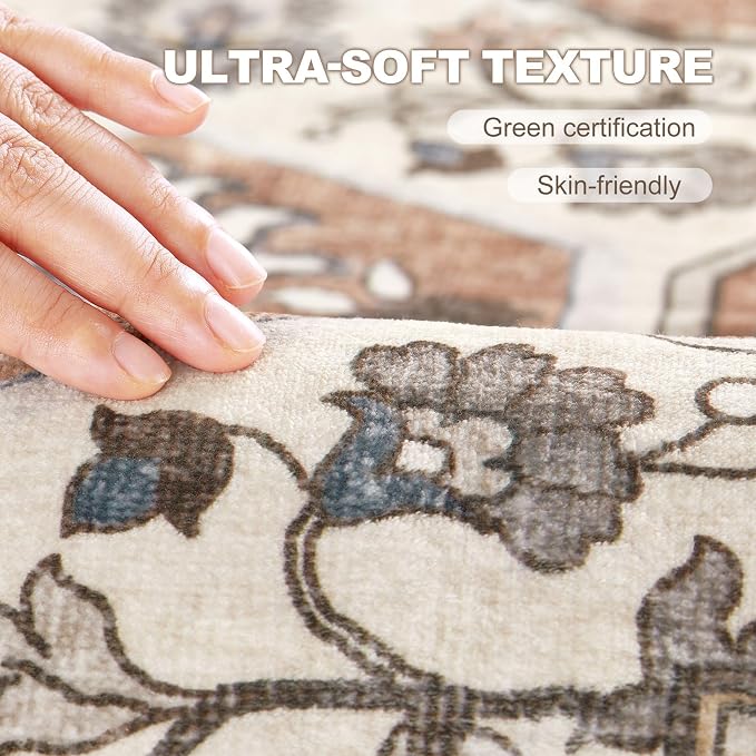 10x12 Washable Area Rug: Vintage Neutral Soft Non Slip Thin Large Floor Carpet for Living Room Bedroom Kitchen Dining Room Home Office Farmhouse Indoor - Brick Red