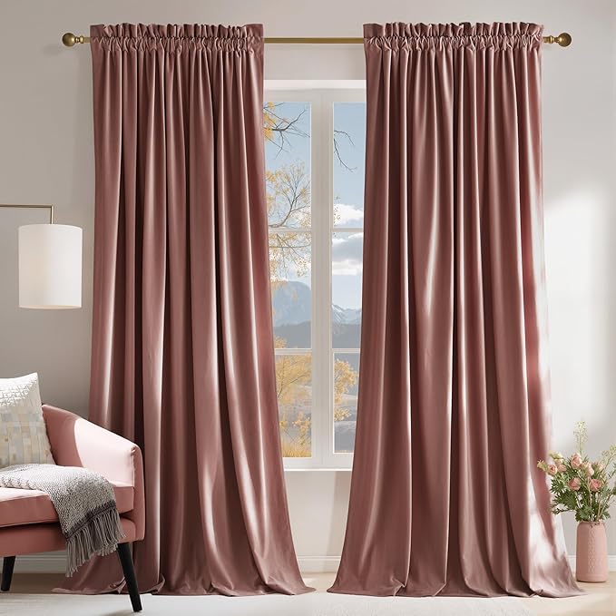 NICETOWN Pink Velvet Curtains 102 inches - Blackout Curtains for Living Room, Thermal Insulated Soundproof Panels Soft Luxury Home Decor for Bedroom, Dusty Rose Pink, W52 x L102, 2 Panels