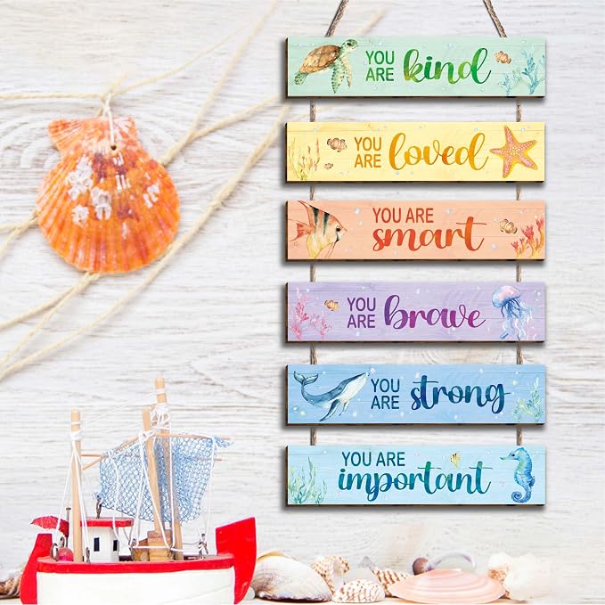 6 Pcs Ocean Decor Kids Room Placards of Wood Decor, Watercolor Ocean Inspirational Positive Quotes Wall Art Hanging Sign for Kids Teens Children Bedroom Princess Toddler Room Nursery Dorm