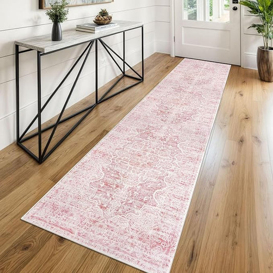 KUTA Vintage Washable Runner Rug, 2x8 Pink Runners for Hallways Non-Slip Floral Kitchen Rugs Ultra Soft Printed Distressed Tribal Floor Carpet for Bedroom Living Room Nursery Playroom