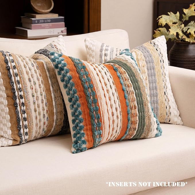 Boho Chenille Tufted Throw Pillow Covers 18x18 Inch Set of 2 Farmhouse Rust Teal Woven Striped Decorative Pillowcases for Couch Sofa Bed