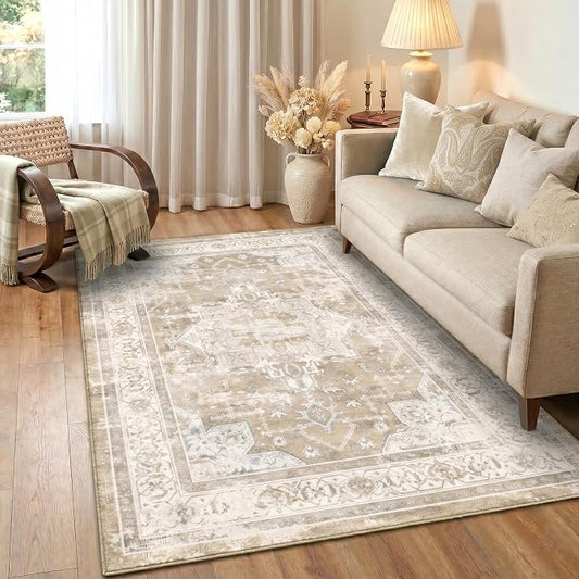 3x5 Area Rug for Living Room-Vintage Farmhouse Boho Floral Neutral Washable Stain Resistant Indoor Carpet for Bedroom Office and Home Decor(Beige&Brown)
