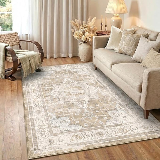 4x6 Area Rug for Living Room-Vintage Farmhouse Boho Floral Neutral Washable Stain Resistant Indoor Carpet for Bedroom Office and Home Decor(Beige&Brown)