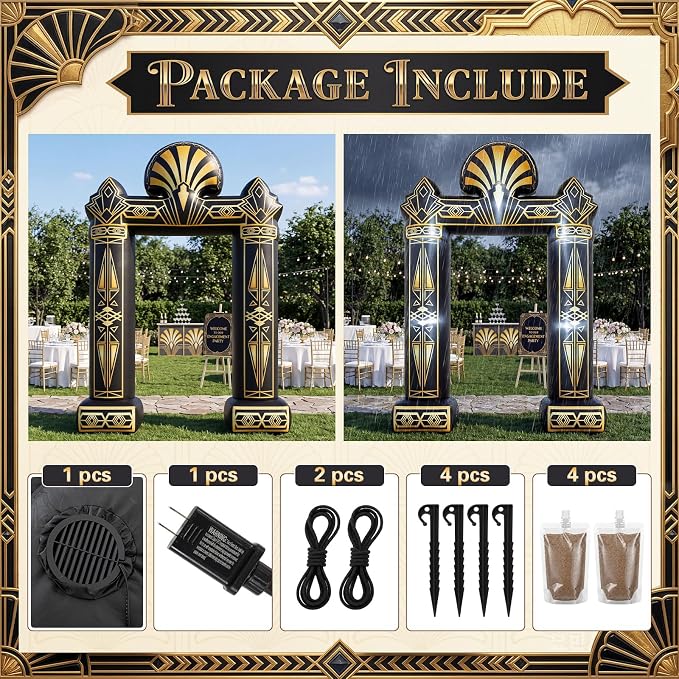 Seenelling 9 FT Roaring 20s Theme Giant Inflatable Archway Decoration Great Black Gold Geometric Arch Built-in LED Lights for 1920s Party Speakeasy Roaring Music Theme Party Supplies