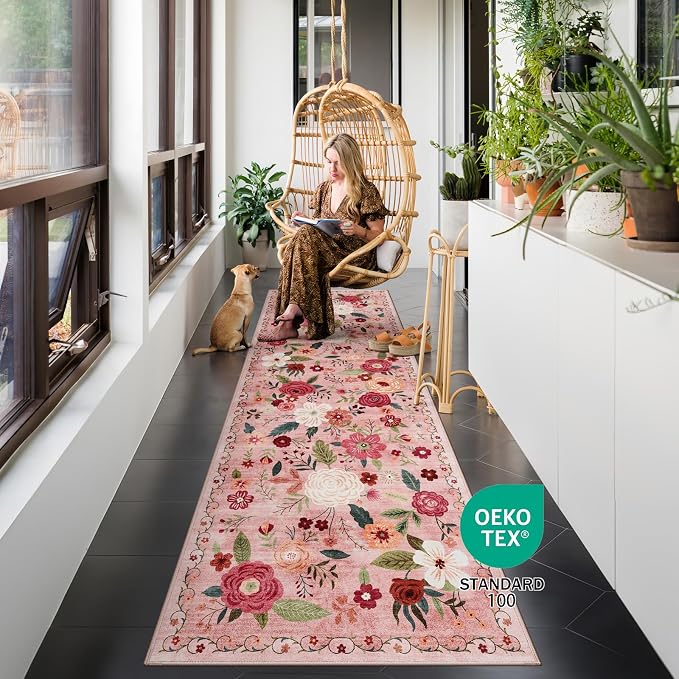 2x6 Machine Washable Runner Rug, Kitchen Hallway Area Rug Dark Pink Vintage Boho Floral Non-Slip Low Pile Soft Faux Wool Carpet Kids and Pets Friendly for Bedroom Entryway Nursery Home Decor Rug