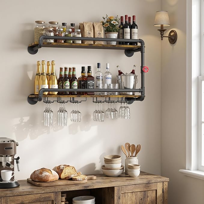 Merapi Rustic Wall Mounted Wine Rack with Stemware Holder, 2 Tier Floating Bar Shelf for Home Bar, Coffee Station, Kitchen Storage, Dining Room Wall Decor, Farmhouse Organization & Coffee Bar Decor