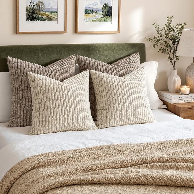 MIULEE Pack of 2 Corduroy Decorative Euro Sham Throw Pillow Covers 24x24 Inch Soft Boho Striped Pillow Covers Modern Farmhouse Home Decor for Sofa Living Room Couch Bed Cream White