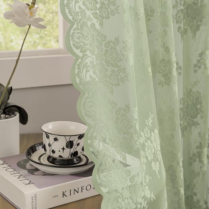 Kotile Green Lace Curtains 63 Inch Length 2 Panels, Country Rustic Floral Design Spring Sheer Curtains for Bedroom, Rod Pocket Privacy Sage Sheer Lace Curtains, 42 x 63 Inch Each, Sage Green