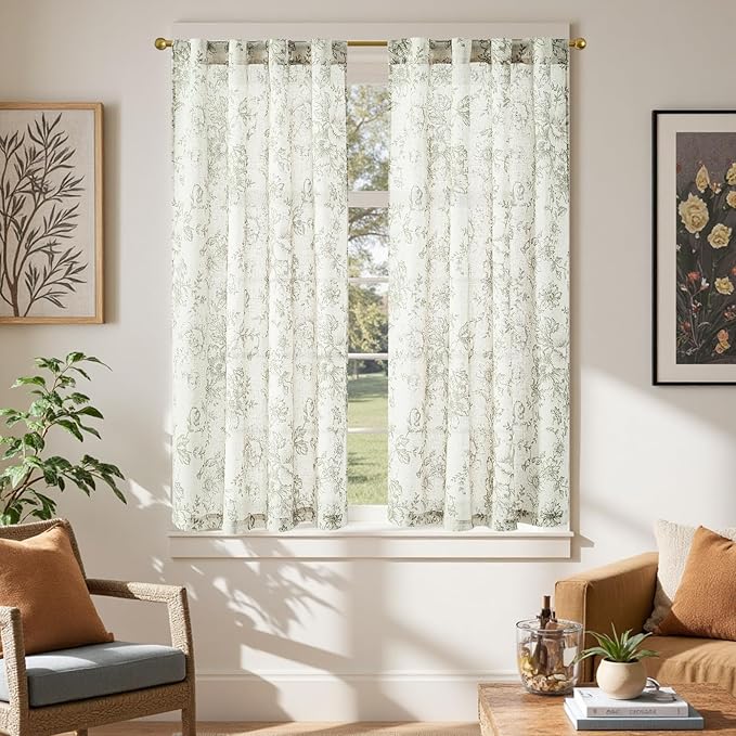 jinchan Linen Floral Tier Curtains 54 Inch Farmhouse Botanic Cafe Curtains Light Filtering Drapes for Small Windows Back Tab Half Window for Kitchen Living Room Bathroom 2 Panels Green