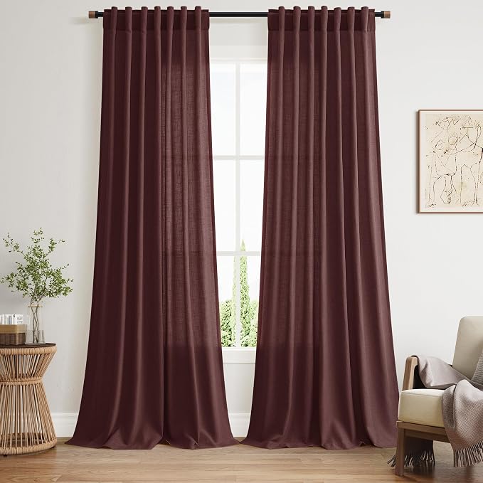 Nanspring Reddish Brown Linen Blend Light Filtering Back Tab Curtains 102 Inches Long, Semi Sheer Privacy Drapes for Living Room & Bedroom, 52x102 inch, 2 Panels