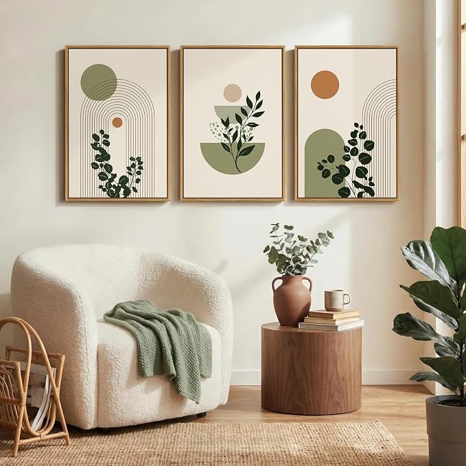 3 Piece Framed Abstract Boho Wall Art for Living Room, Large Sage Green Botanical Plant Canvas Artwork for Walls, Minimalist Geometric Prints Paintings for Bedroom Dining Room Hallway 16x24 Inch