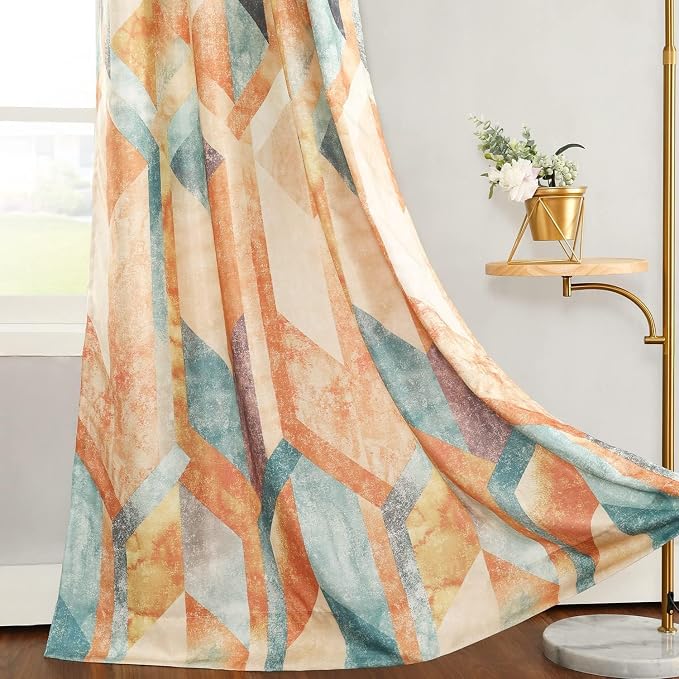 Leeva Geometric Curtains 96 Inch Long, Light Filtering Privacy Drapes for Living Room, Linen Textured Grommet Panels for Bedroom, 2 Panels, Orange
