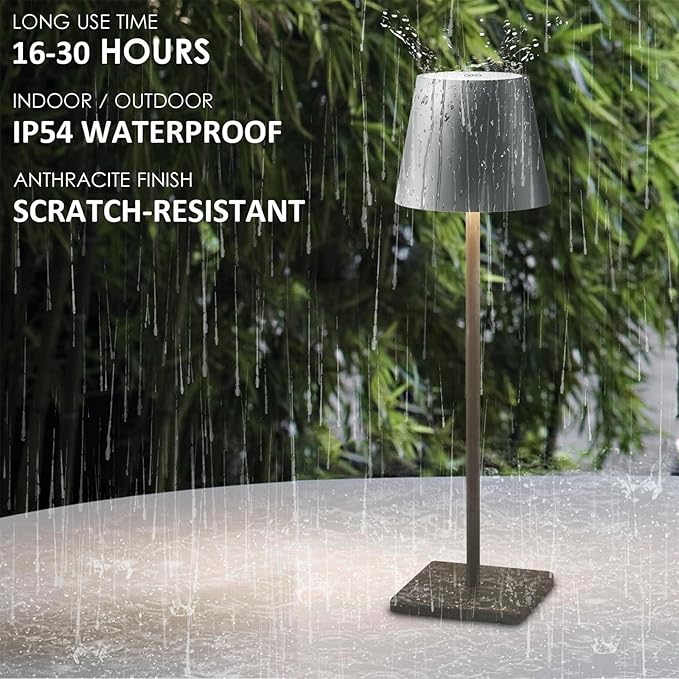2 Packs LED Cordless Table Lamp, Rechargeable Battery Desk lamp 5000mAh Battery Operated Stepless Dimming Modern Portable Table Light for Restaurant/Table/Bedroom/Outdoor IP54 Waterproof (Anthracite)