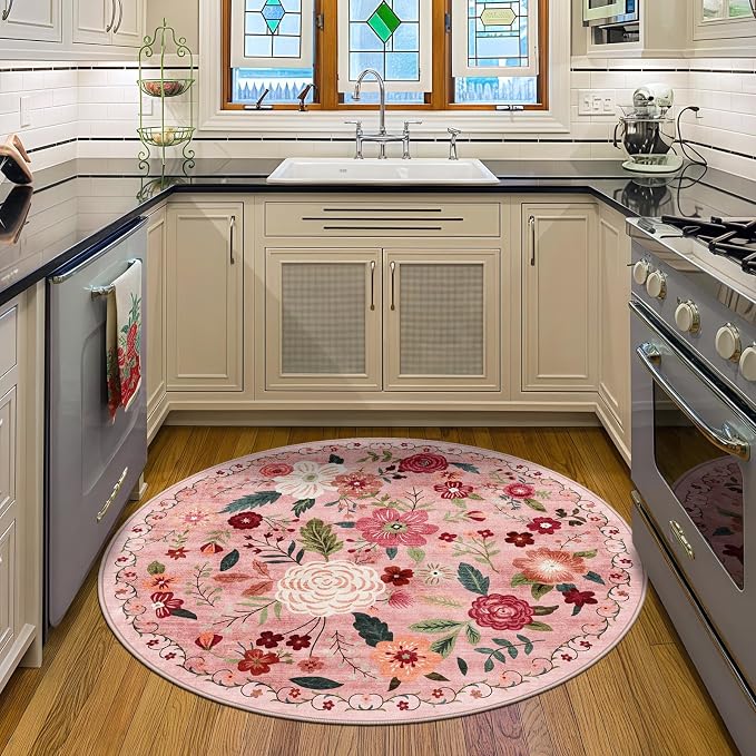 4ft Round Machine Washable Area Rug for Living Room, Dark Pink Vintage Boho Floral Rug Non-Slip Low Pile Soft Faux Wool Carpet Kids and Pets Friendly for Bedroom Nursery Farmhouse Home Decor Rug