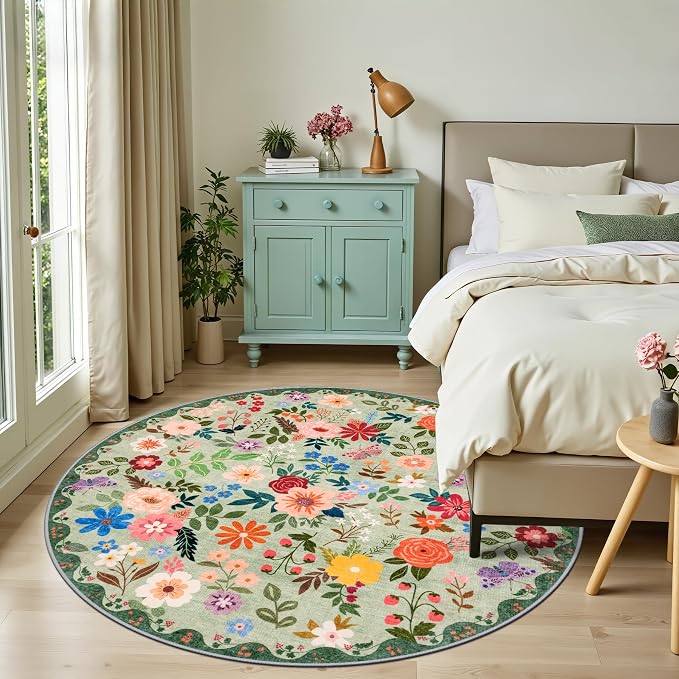 Round Area Rug for Living Room: 6 ft Floral Washable Circle Rug Soft Boho Non-Slip Carpet Indoor Stain Resistant Low Pile Small Circular Rug for Bedroom Entryway Kitchen Nursery Home Office Green