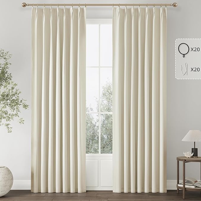 ChrisDowa Birch Pinch Pleated Blackout Linen Curtains 90 inches Long 2 Panels for Living Room Bedroom Farmhouse Room darking Thermal Insulated Back Tab Hooks Rings Window Treatment Drapes,40x90