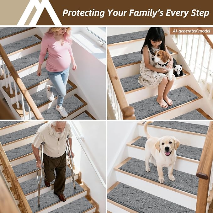 COSY HOMEER Stair Treads for Wooden Steps 9"x28" Washable Indoor Carpet Stair Treads Non Slip Soft Polyester Stair Carpet Tread Reusable Stair Runner Rugs for Kids, Elders,Pets,Medium Grey,10pcs