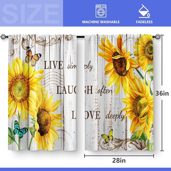 Aimego Sunflower Country Floral Kitchen Curtains - Rustic Vintage Flowers Farmhouse Short Cafe Curtains Retro Butterfly Decor for Living Room Window Drapes 36 Inch Length 2 Panels Set