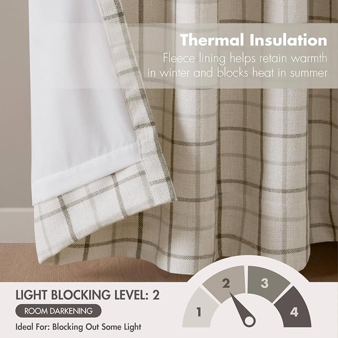 Madison Park Anaheim Cabin Plaid Curtain Window, Thermal Insulated Fleece Lining, Living Room Decor Room Darkening Drape for Bedroom, 1-Single Panel Pack, 50x84, Rod Pocket & Front Tab, Netural