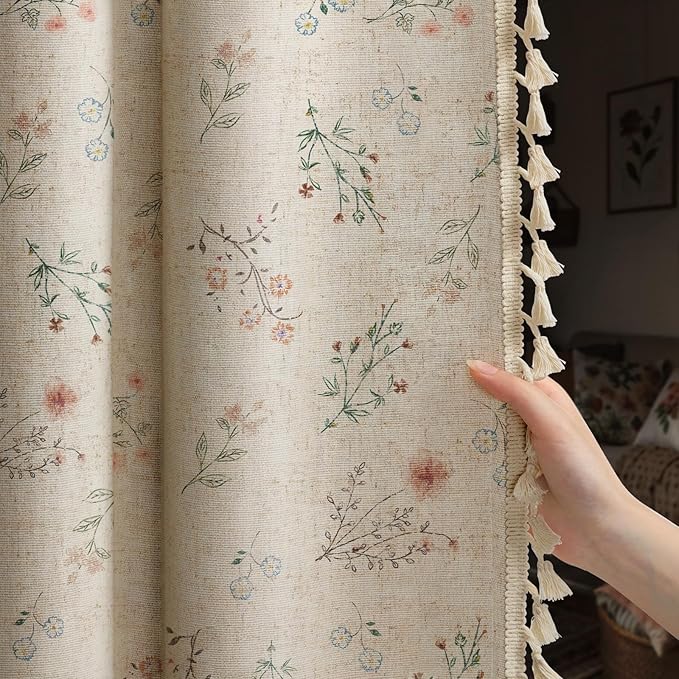 Boho Floral 100% Blackout Curtains for Bedroom 84 Inch Length 2 Panels Set, Linen Texture Farmhouse Curtains Beige Tassel for Living Room Vintage Rustic Patterned Printed Western Rod Pocket