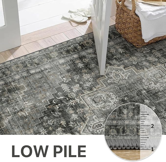 GENIMO 2x6 Runner Rugs for Hallway, Machine Washable Non Slip Vintage Rugs, Low Pile Lightweight Soft Print Rug for enrtyway, Corridor, Home Office, Kitchen, Charcoal Gray
