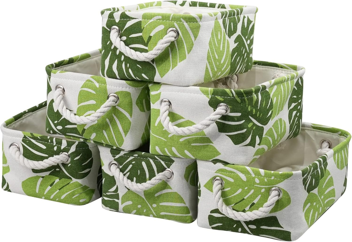 Organization and Storage Basket for Shelves - Small 6 Pack Fabric Storage Bin Collapsible Baskets for Organizing with Handle for Cloth Decorative Laundry Canvas (Banana Leaf 12x8x5.2 inch)
