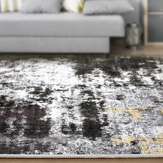 Abstract 6x9 Area Rug: Machine Washable Non Slip Ultra Thin Low-Pile Carpet, Soft Stain Resistant for Living Room Bedroom Nursery, Kid Pet Friendly, Robot Vacuum Compatible - Black Gold