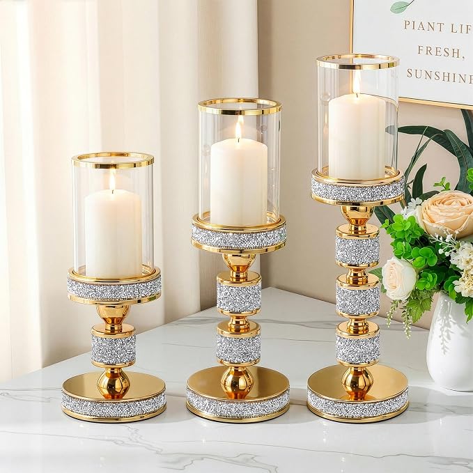 Hurricane Candle Holder, 15.9" Tall Metal Candle Stand, Glass Pillar Candle Holders Crystal Gold Decorative Centerpieces for Table, Wedding and Dining Room (Fits Candles up to 3"x5", 3pcs, S+M+L)