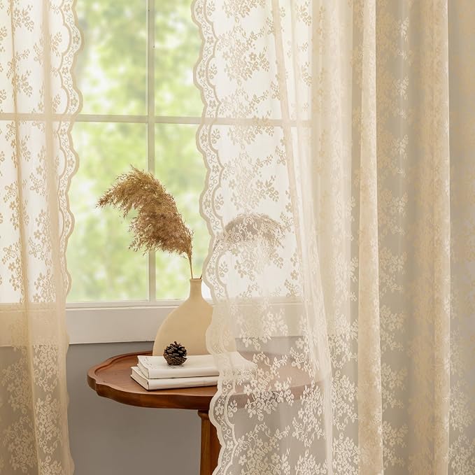 YJ YANJUN Vintage Lace Curtains 54 Inch Length-Victorian Floral Patterns and Scalloped Edges Cottage Core Rustic Style Short Sheer Curtain Panels for Kitchen Small Windows W52 X L54 Beige