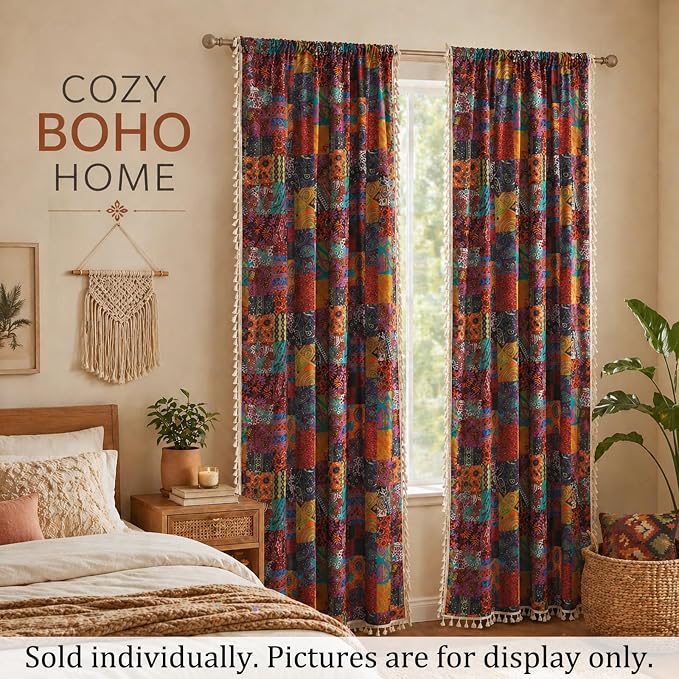 VOGOL Exotic Tribal Ethnic Boho Curtains, Jigsaw Art Print for High Windows, Bohemian Vintage Style Textured Fabric with Elegant Tassels, W59xL94, 1 Panel