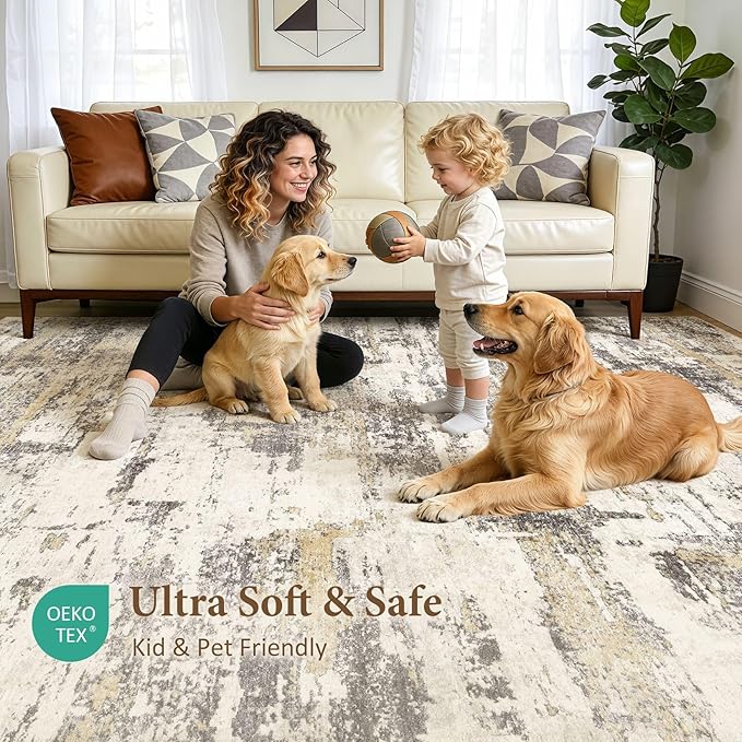 Area Rugs for Living Room: 10x11 Abstract Washable Rug Modern Neutral Large Soft Stain Resistant Non-Slip Backing Machine Table for Bedroom Dining Room Indoor Home Office Carpet - Gold Brown