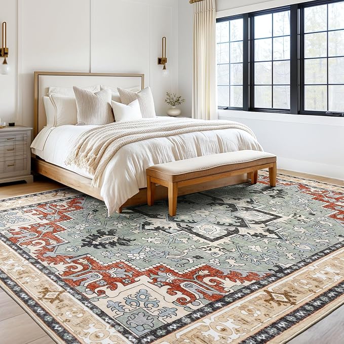 Lofus 5x7 Area Rugs for Living Room and Bedroom, Machine Washable Rug for Kitchen Office, Non Slip Low Pile Carpet, Vintage Boho Soft Carpets, Beige Orange
