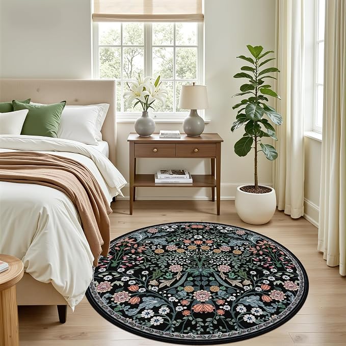 Round Area Rug for Living Room: 4 ft Floral Washable Circle Rug Soft Boho Non-Slip Carpet Indoor Stain Resistant Low Pile Small Circular Rug for Bedroom Entryway Kitchen Nursery Home Office Dark Black