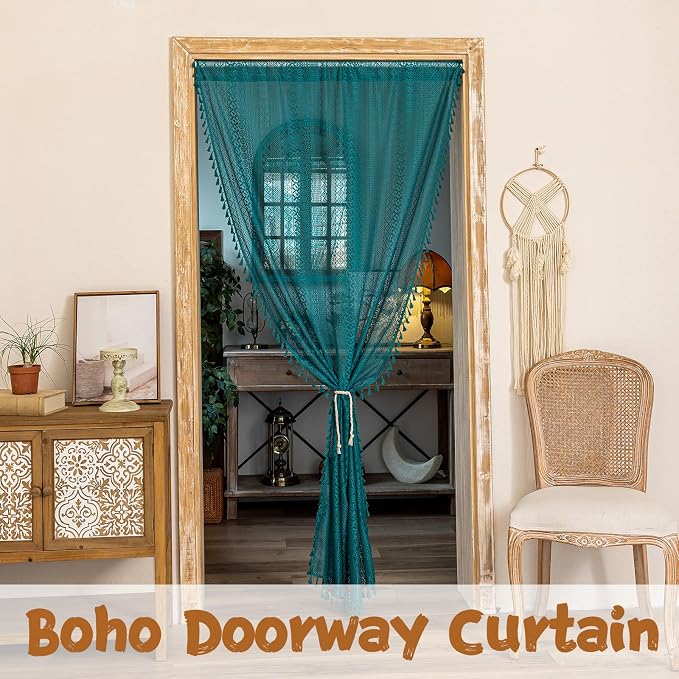 Sutuo Home Boho Sheer Doorway Curtain for Doorway Closet, Lace Door Curtain for Patio Front Door Crochet Vintage Tassels Bohemian Privacy Temporary Room Divider Rod Pocket,1 Panel 37" x 80" Teal