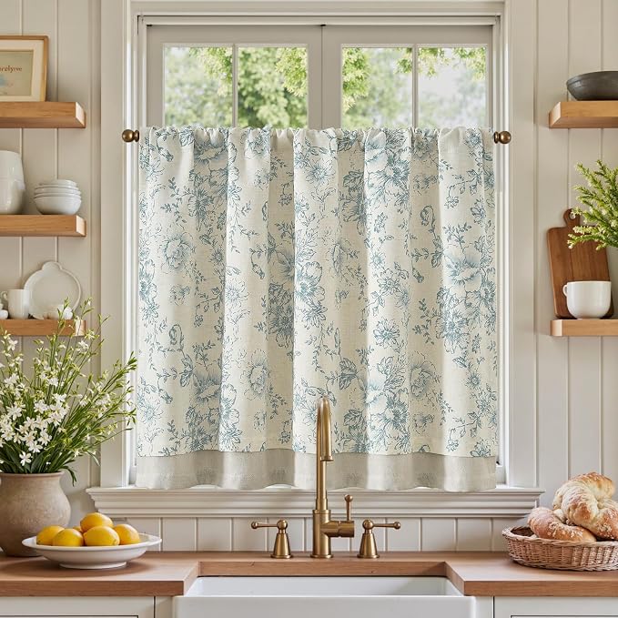 jinchan Linen Kitchen Curtain 36 Inch French Floral Double Layer Curtain Farmhouse Vintage Tier Drape Rustic Half Window Curtain for Living Room Window Treatment Rod Pocket 1 Panel Blue on Beige